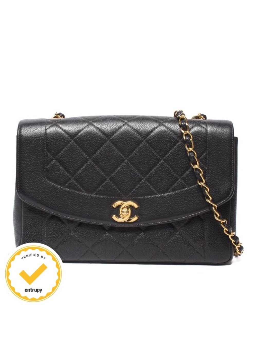 Chanel Chain Shoulder Bag Gold Diana Flap Quilted Caviar Leather